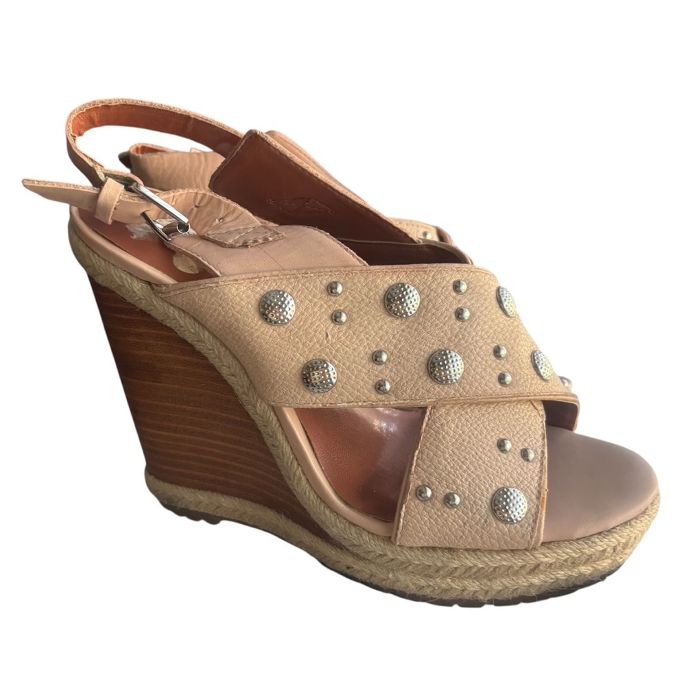Rebecca Minkoff Tan Silver Studded Wedge Sandals Size 7.5